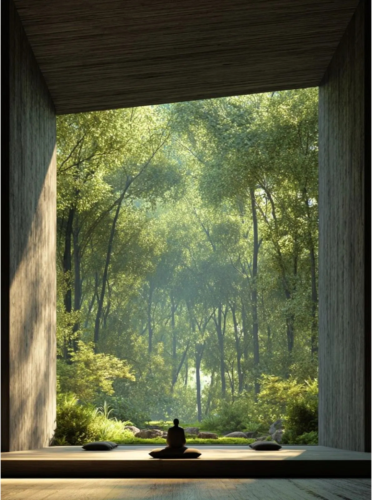 A person meditating before a vast forest view