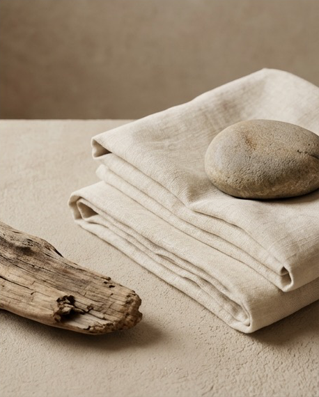 Folded linen with a river stone