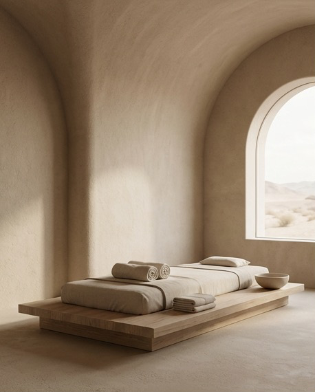 A linen-dressed daybed in a warm, sunlit room