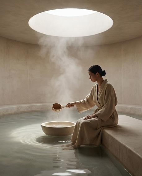 A woman in cream linen pouring water into a glass